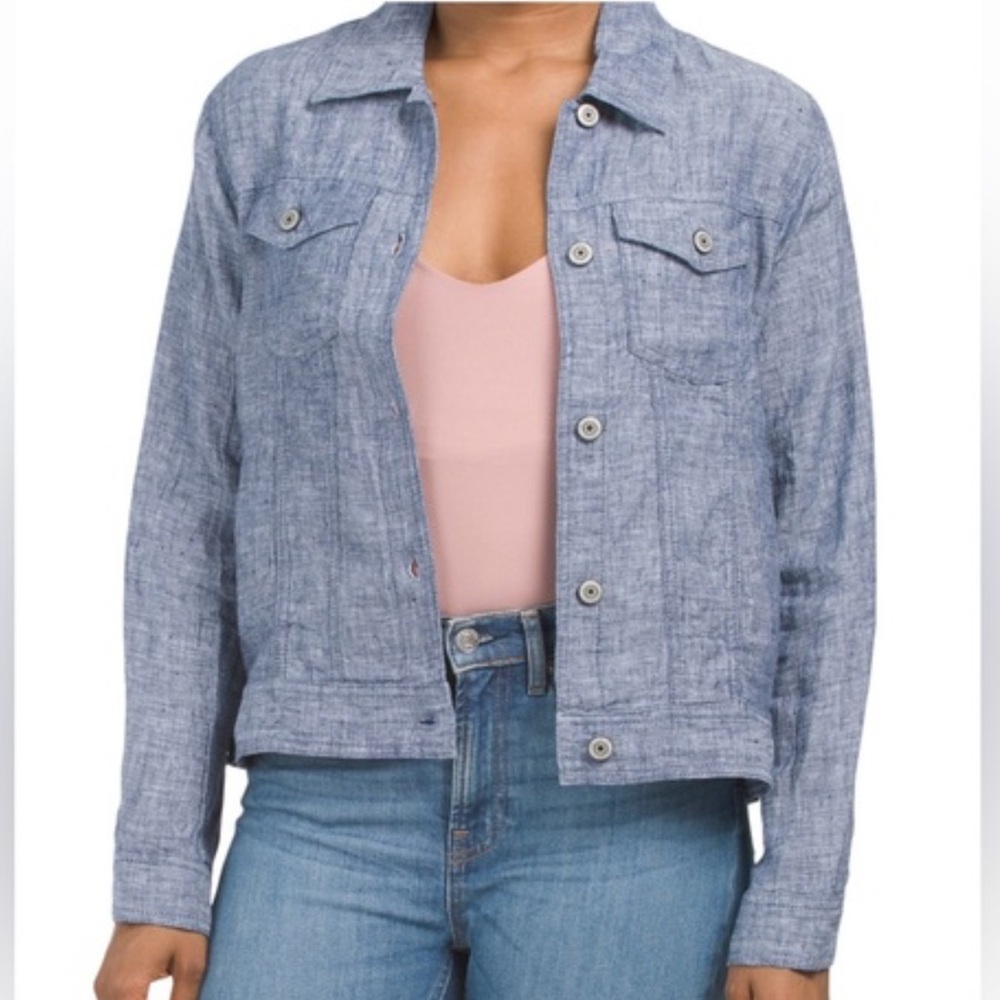 Jones NY Linen Shirt Jacket Shacket Blue Lightweight Denim Casual Lagenlook Sz S